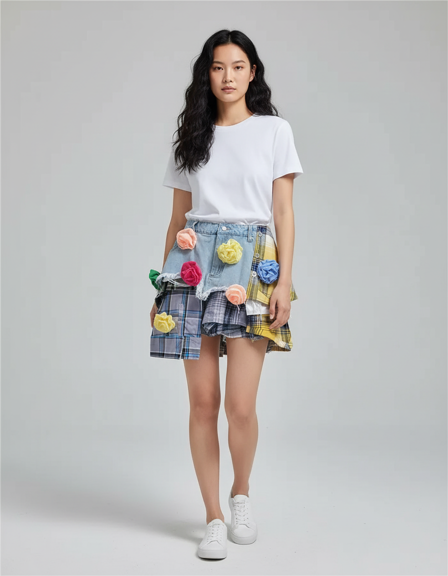 Jupe Jean Patchwork Coloré Irrégulière Décontractée