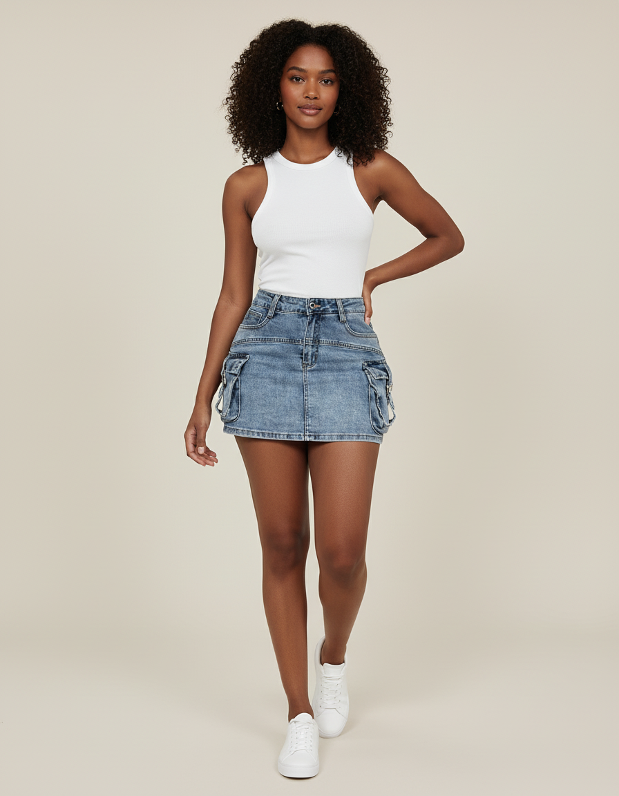Jupe Jean Mini Cargo Décontractée Sportive