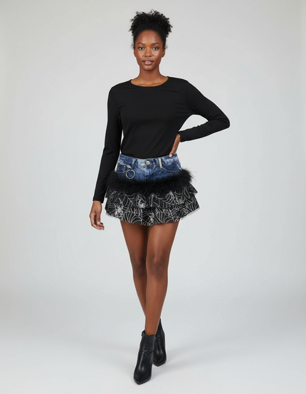 Jupe Jean Toile D'Araignée Fausse Fourrure Gothic