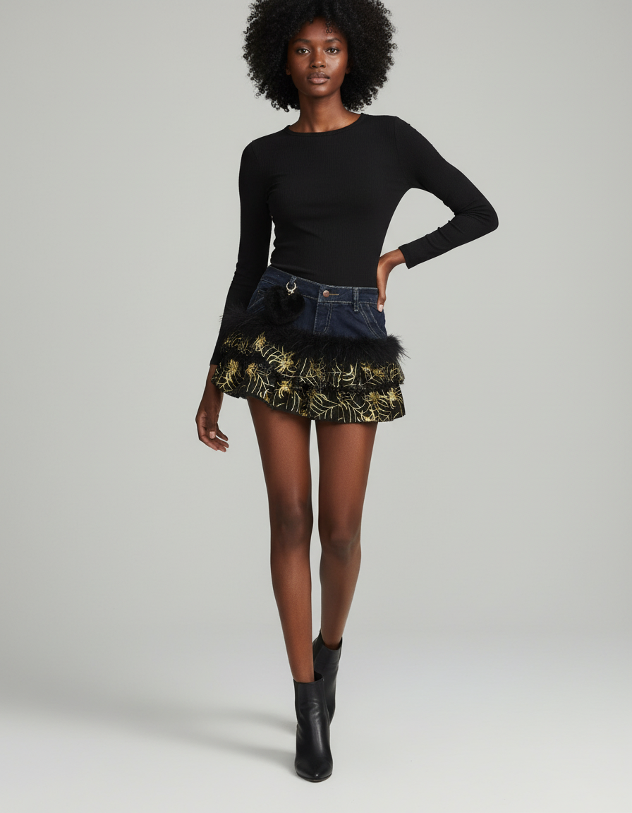 Jupe Jean Imprimée Fausse Fourrure Gothic