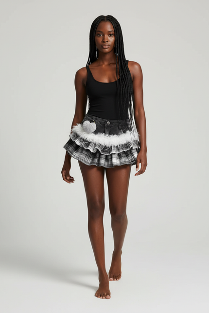 Jupe Jean Plaid Fausse Fourrure Plissée