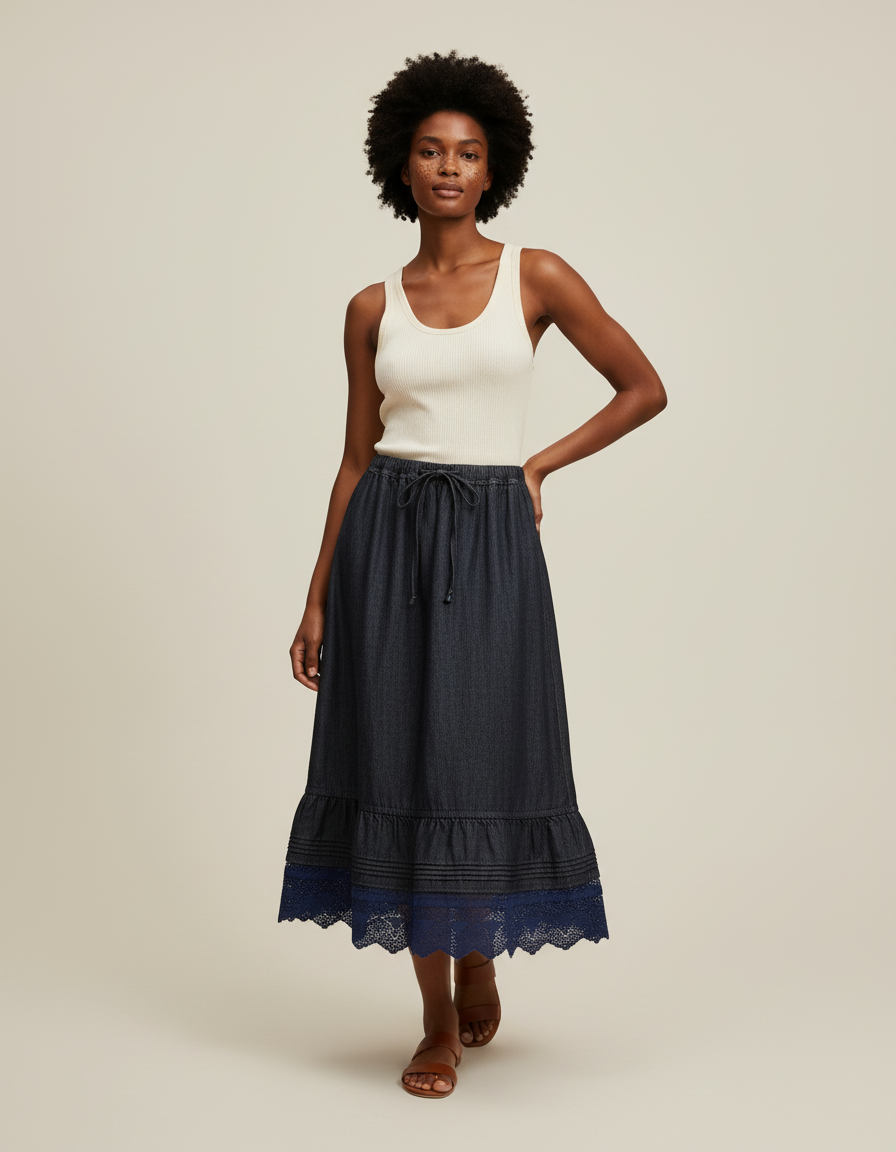 Jupe Jean Rétro Dentelle Plissée