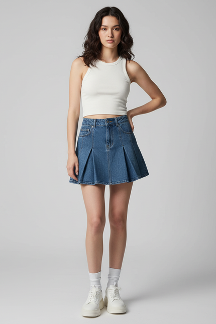 Jupe Jean Plissée Mini Rétro