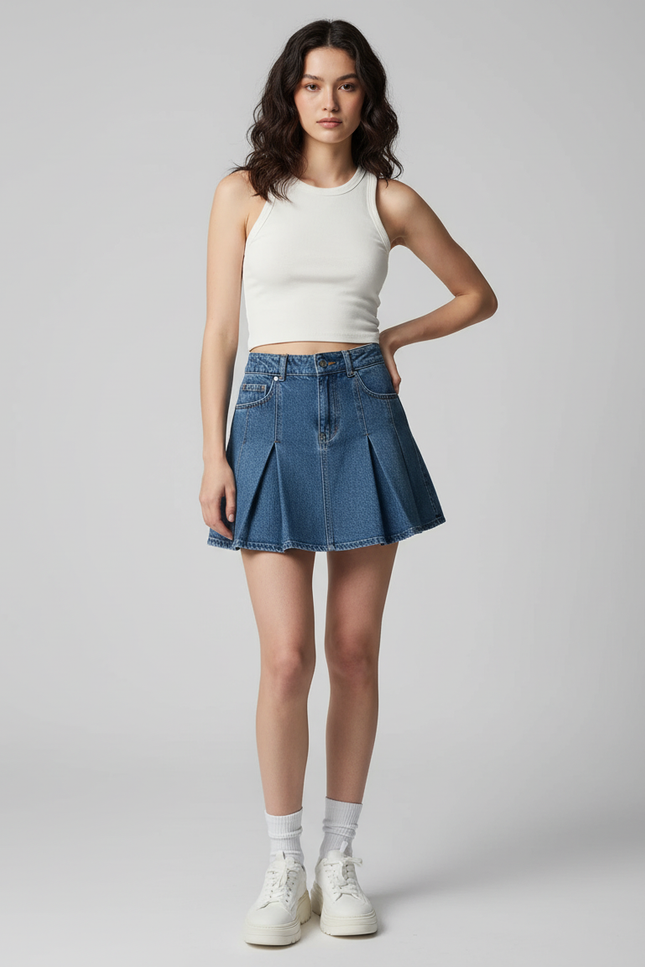 Jupe Jean Plissée Mini Rétro