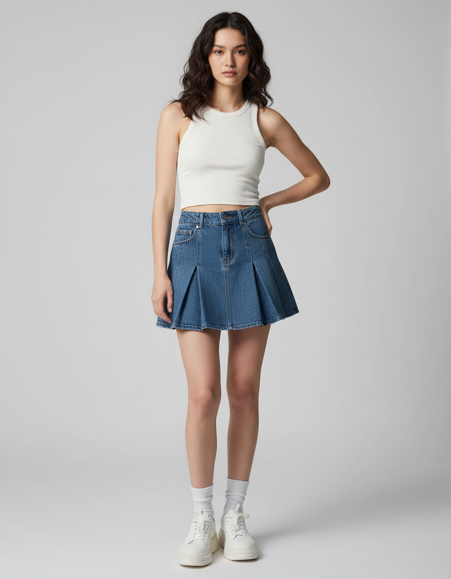 Jupe Jean Plissée Mini Rétro