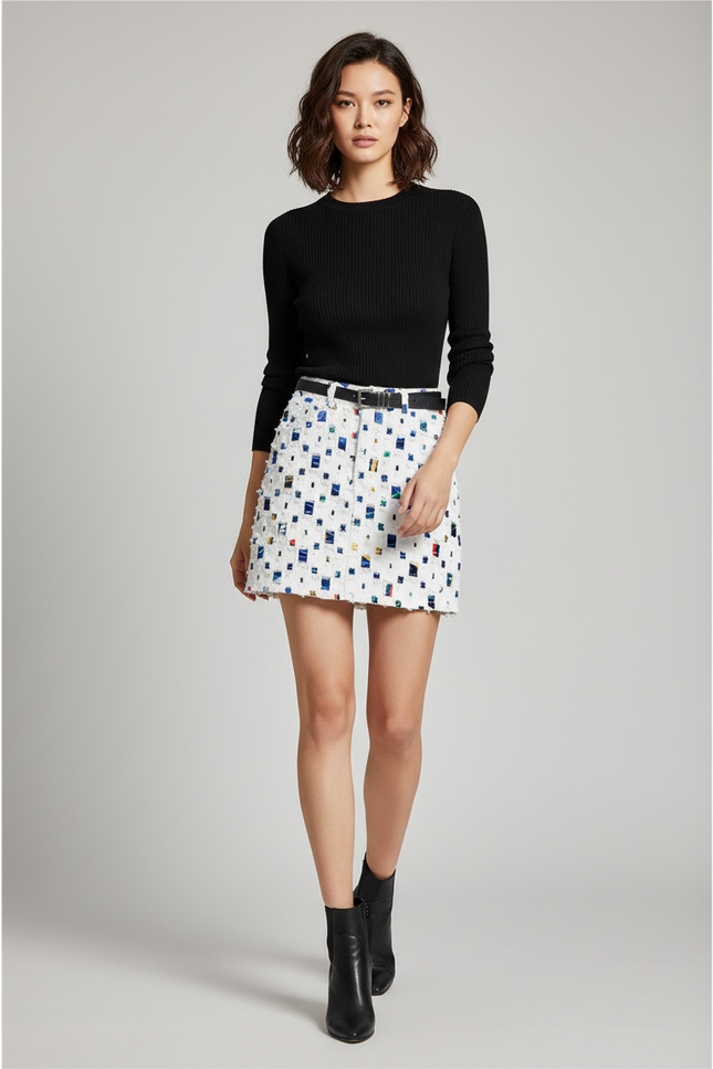 Jupe Jean Blanc Motif Coloré Chic