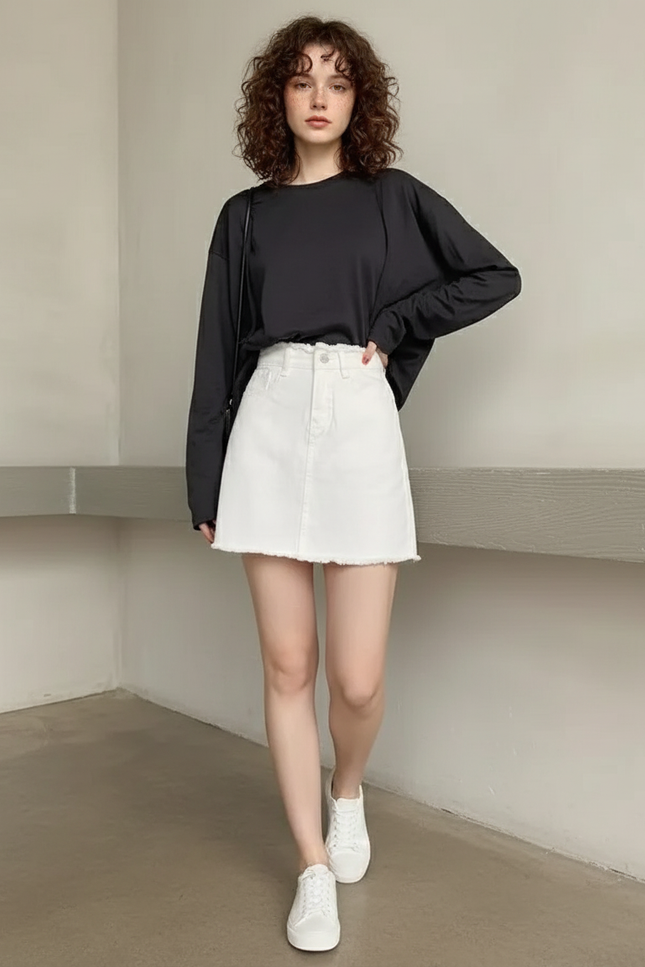 Jupe Jean Blanche Frangée Décontractée