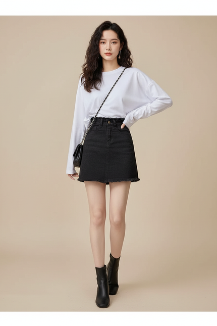 Jupe Jean Noire Effilochée Décontractée