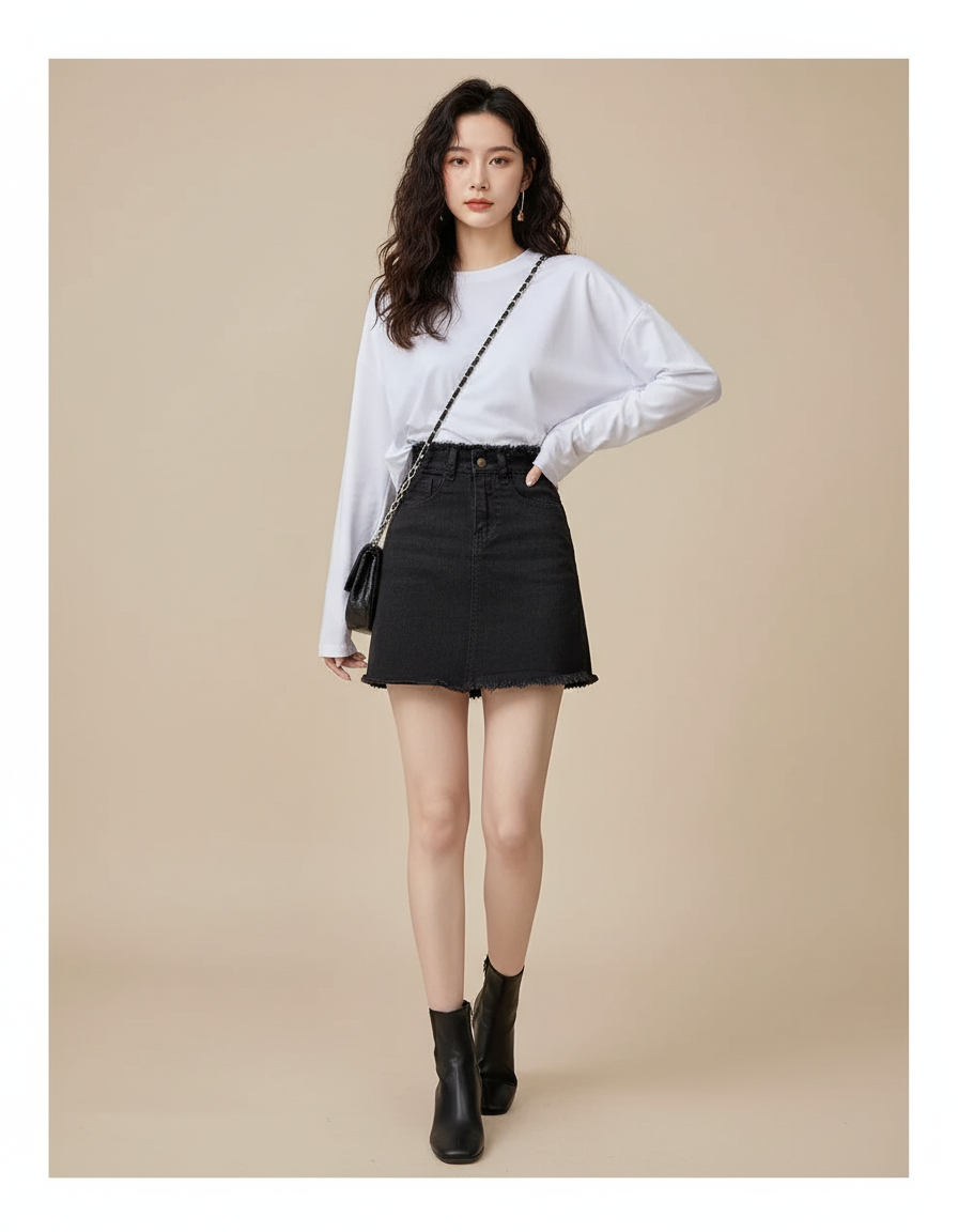 Jupe Jean Noire Effilochée Décontractée