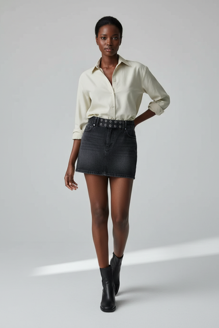 Jupe Jean Gris Délavé Ceinturée Chic