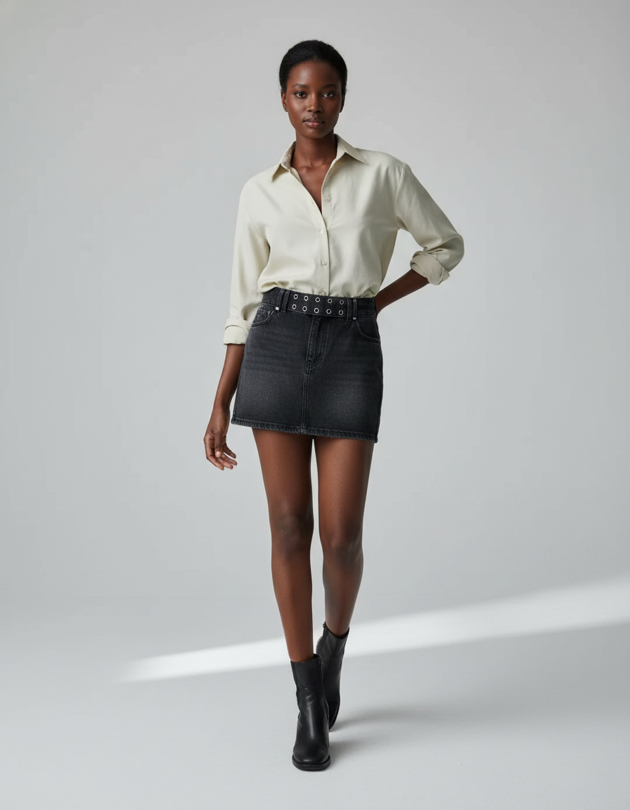 Jupe Jean Gris Délavé Ceinturée Chic