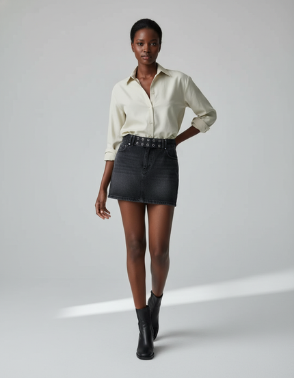 Jupe Jean Gris Délavé Ceinturée Chic