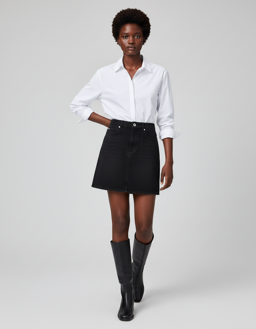 Jupe Jean Noire Taille Haute Décontractée