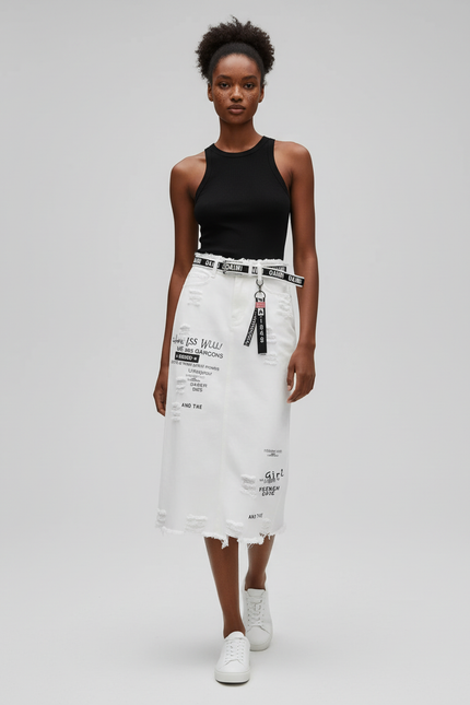 Jupe Jean Blanche Déchirée Décontractée