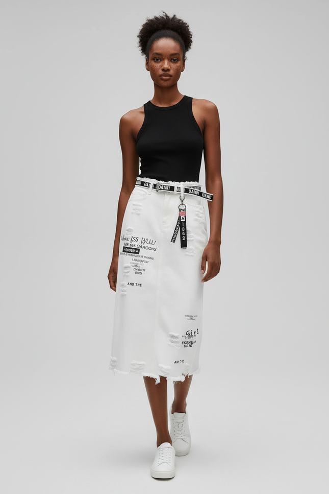 Jupe Jean Blanche Déchirée Décontractée