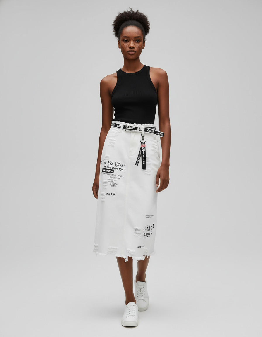 Jupe Jean Blanche Déchirée Décontractée