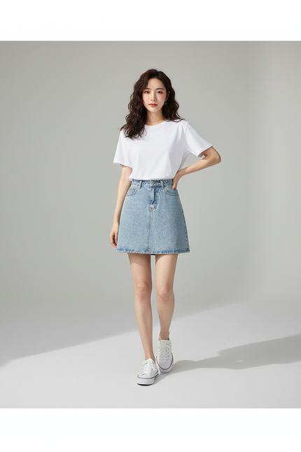 Jupe Jean Bleu Clair Taille Haute Décontractée Relax