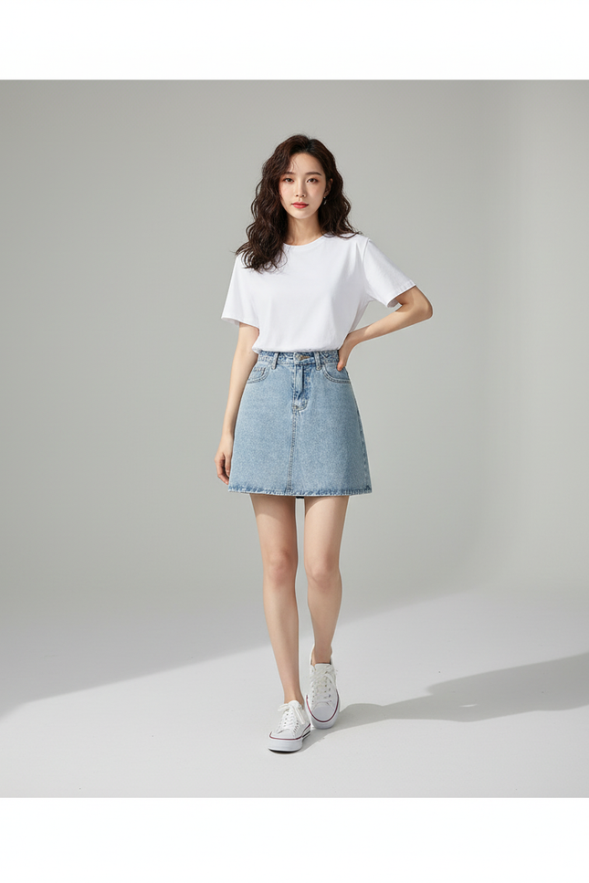 Jupe Jean Bleu Clair Taille Haute Décontractée Relax