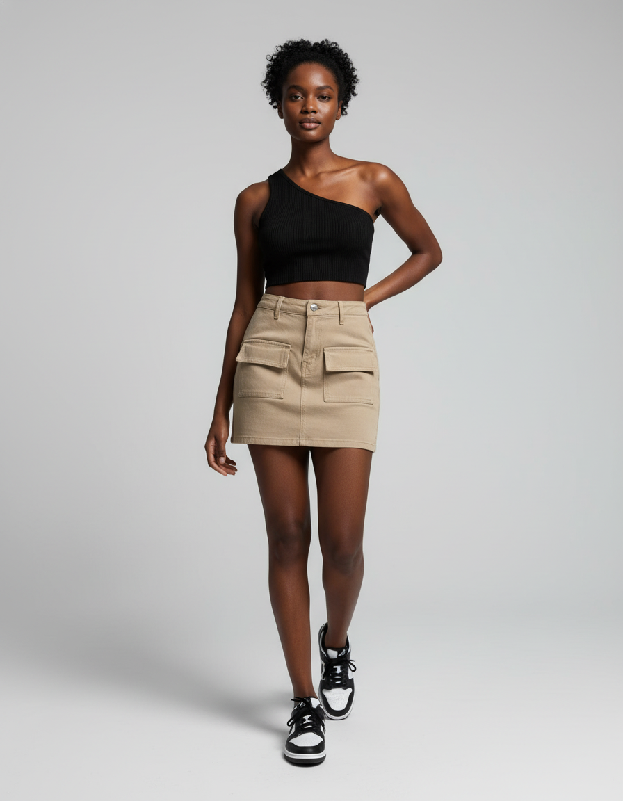 Jupe Jean Beige Poches Cargo Chic