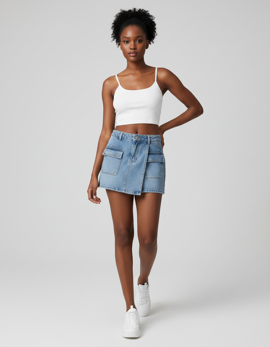 Jupe Jean Coupe Portefeuille Poches Cargo Chic