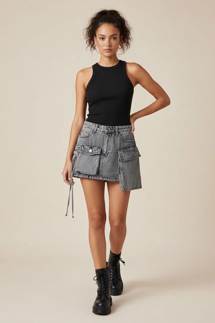 Jupe Jean Gris Délavé Poches Cargo Décontractée