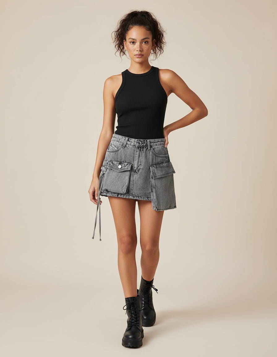 Jupe Jean Gris Délavé Poches Cargo Décontractée