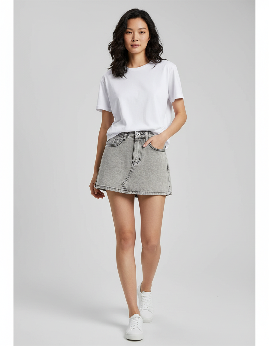 Jupe Jean Gris Délavé Mini Décontractée