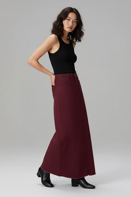 Jupe Jean Longue A-Line Bordeaux Chic