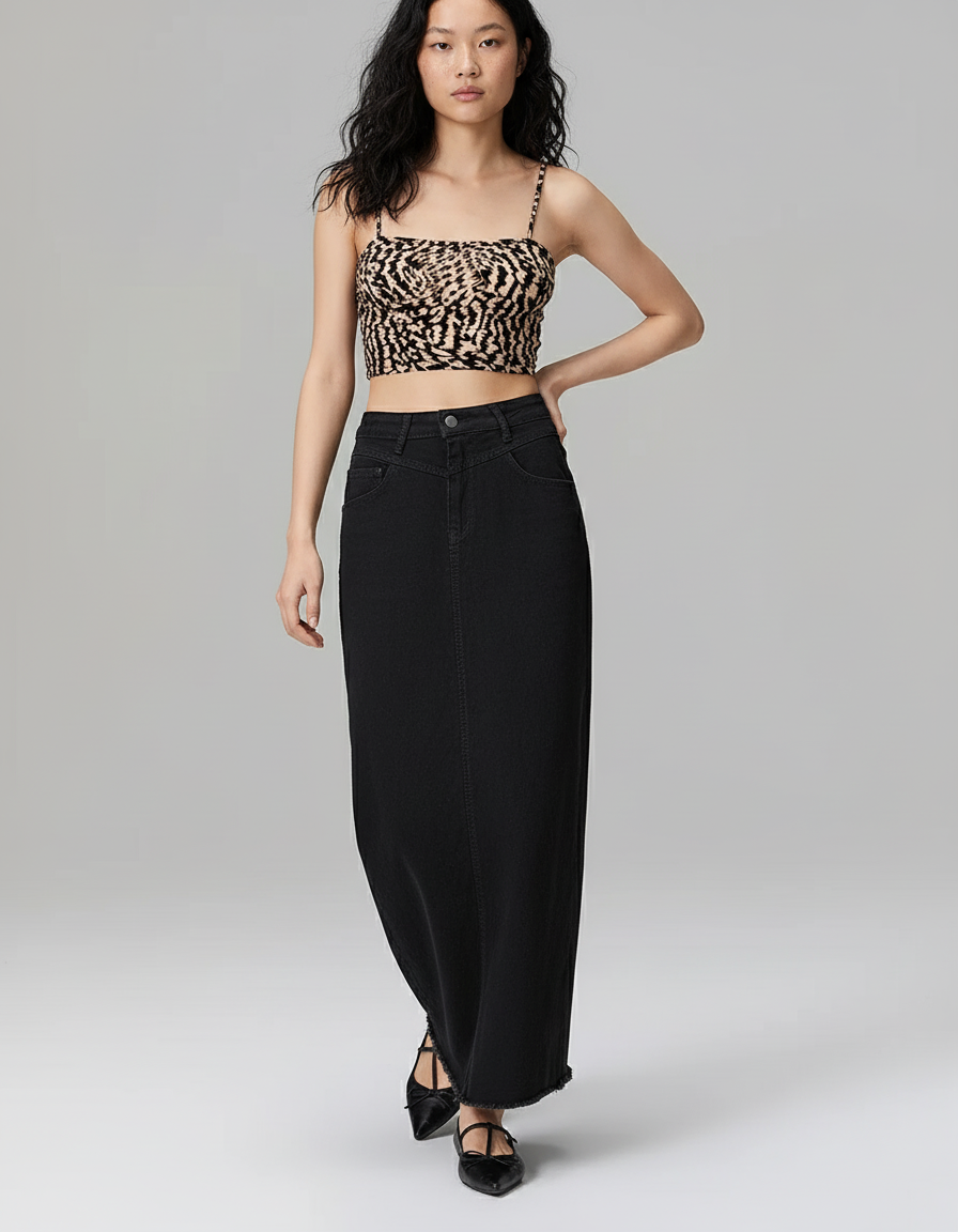 Jupe Jean Noire Longue A-Line Chic