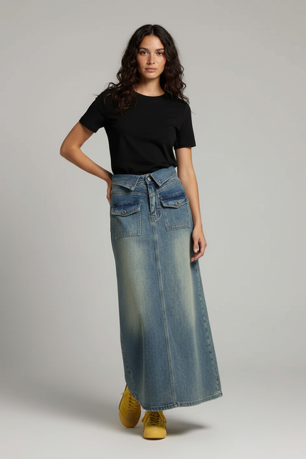 Jupe Jean Longue Délavée Décontractée