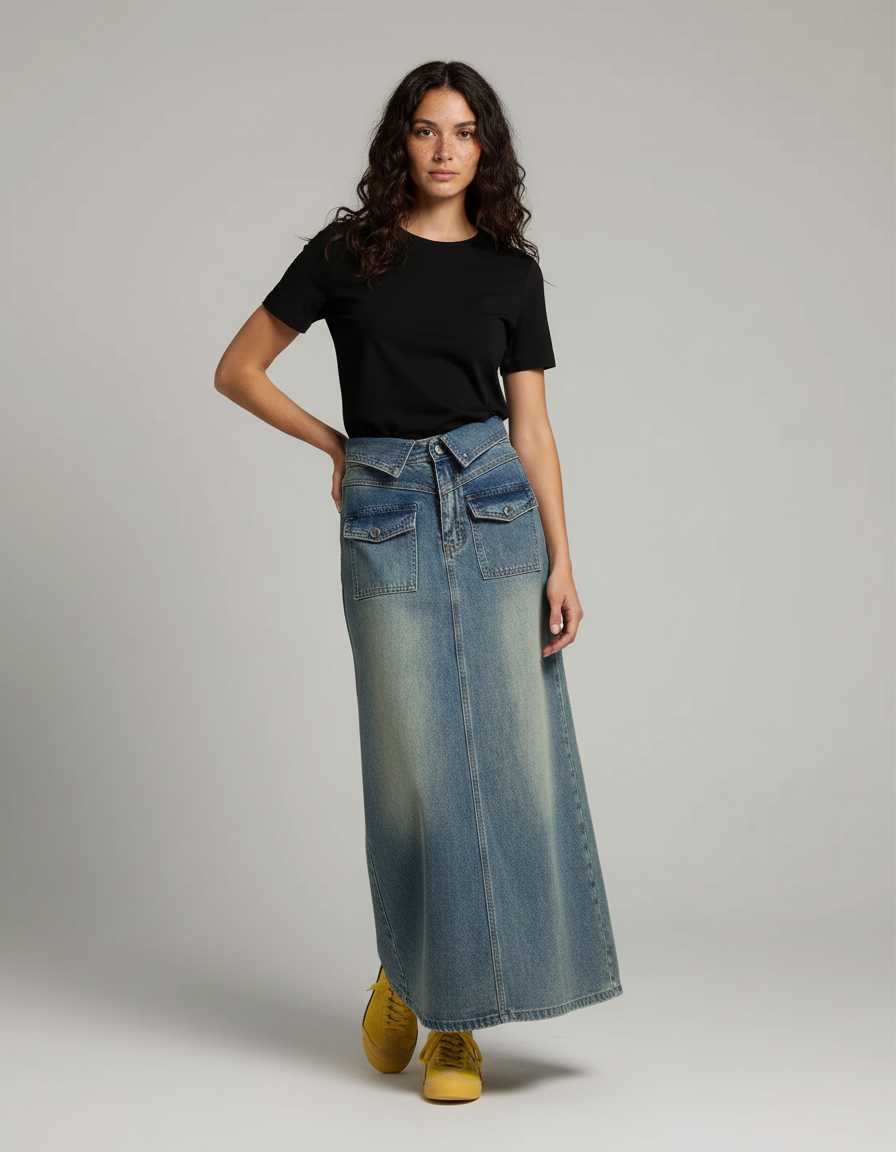Jupe Jean Longue Délavée Décontractée