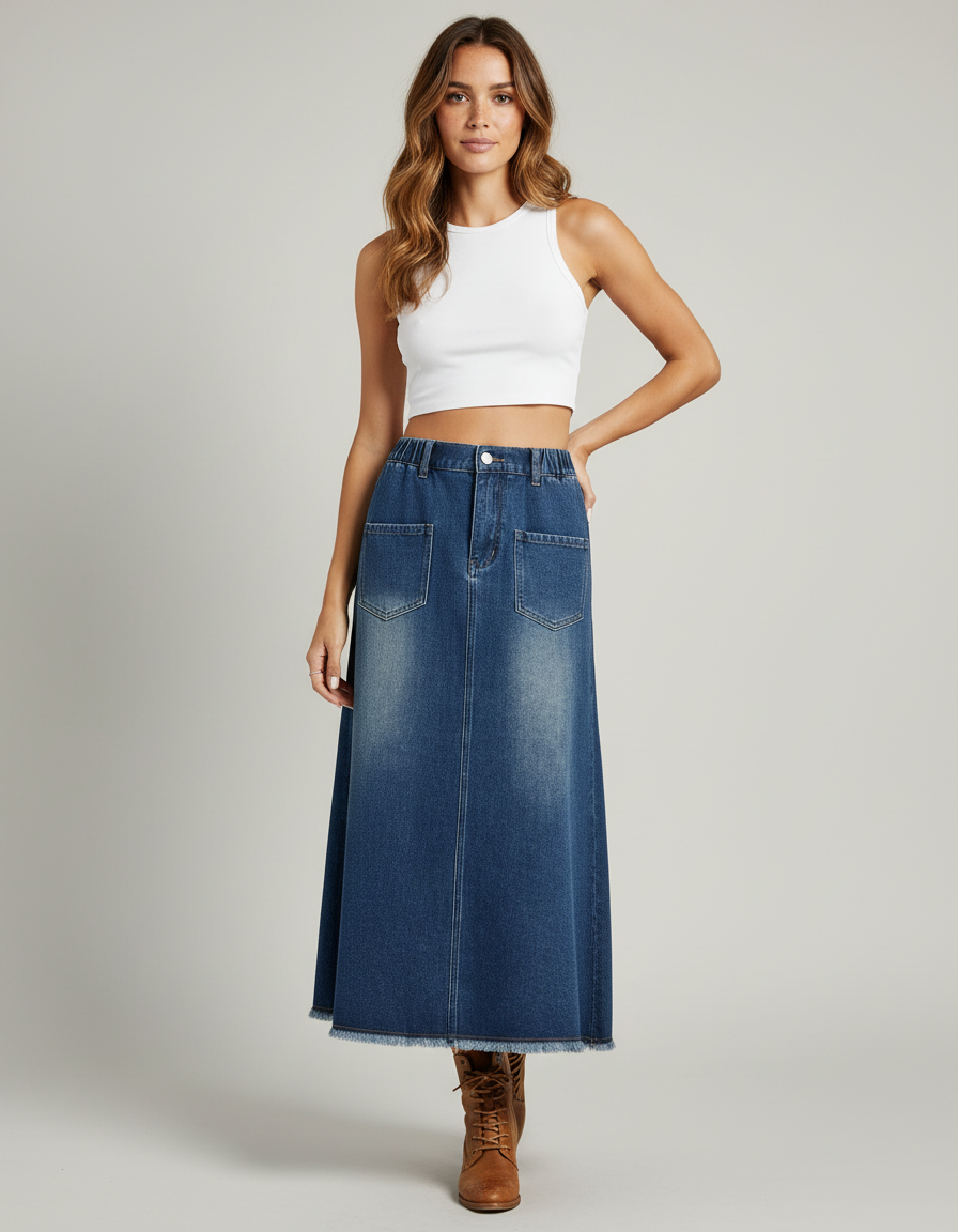 Jupe Jean Longue Évasée Fluide Agréable