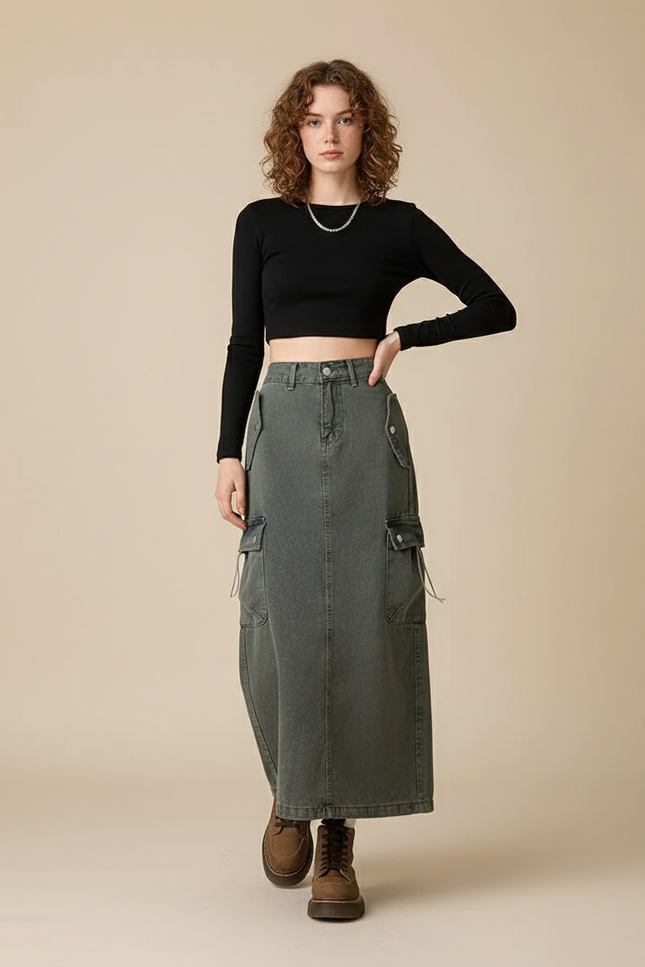 Jupe Jean Grise Poches Cargo Tendance