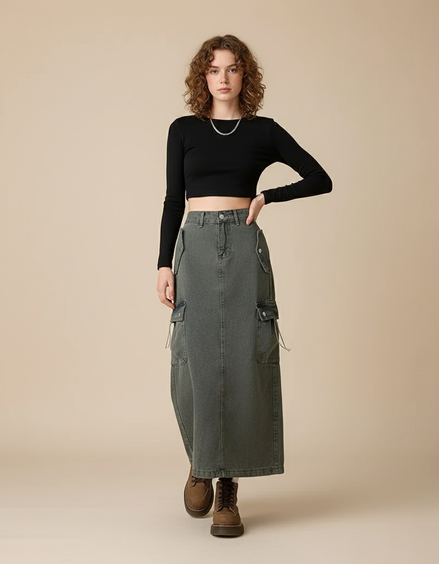 Jupe Jean Grise Poches Cargo Tendance