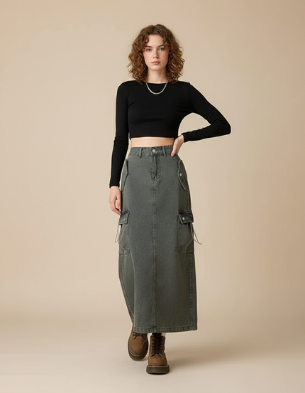 Jupe Jean Grise Poches Cargo Tendance