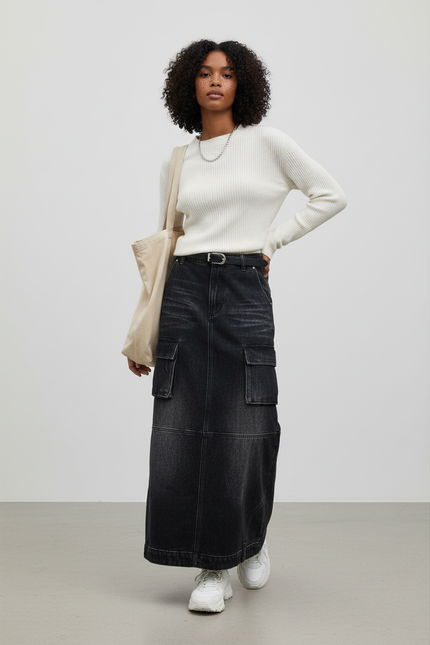 Jupe Jean Gris Délavé Cargo Décontractée