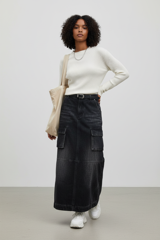 Jupe Jean Gris Délavé Cargo Décontractée