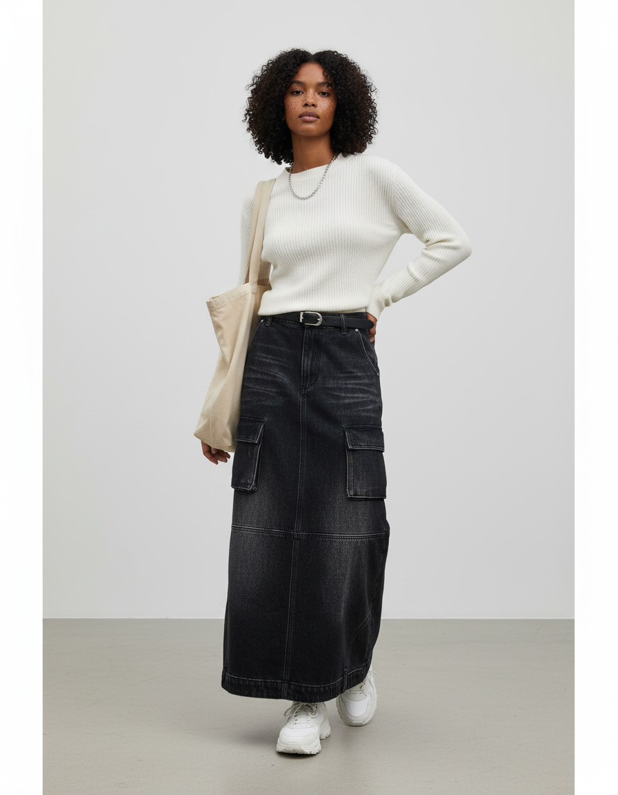 Jupe Jean Gris Délavé Cargo Décontractée