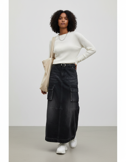 Jupe Jean Gris Délavé Cargo Décontractée