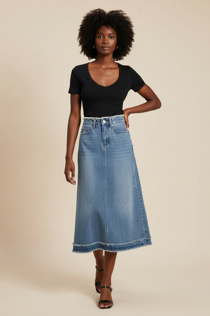 Jupe Jean Midi Frangée Tendance