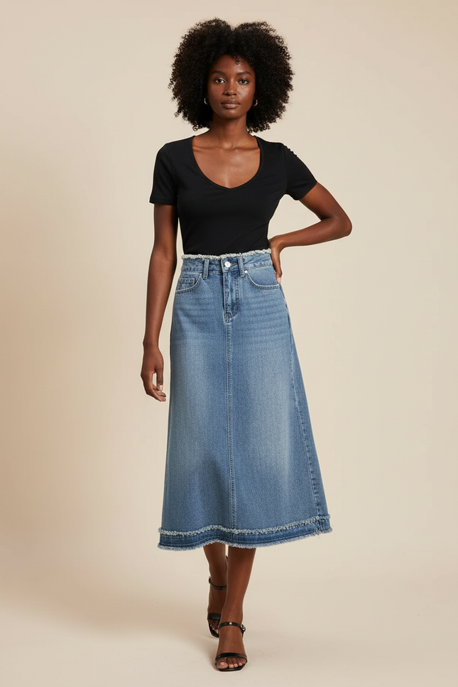 Jupe Jean Midi Frangée Tendance