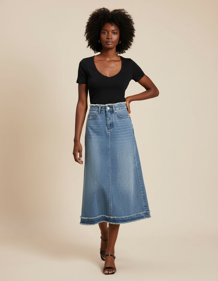 Jupe Jean Midi Frangée Tendance