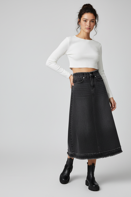 Jupe Jean Gris Anthracite Frangée Chic