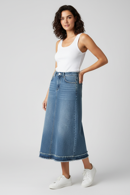 Jupe Jean Mi-Longue Ourlet Brut Décontractée