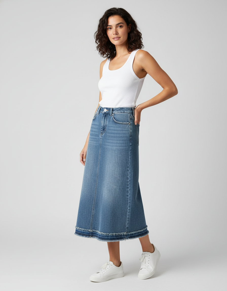 Jupe Jean Mi-Longue Ourlet Brut Décontractée