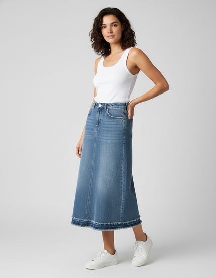 Jupe Jean Mi-Longue Ourlet Brut Décontractée