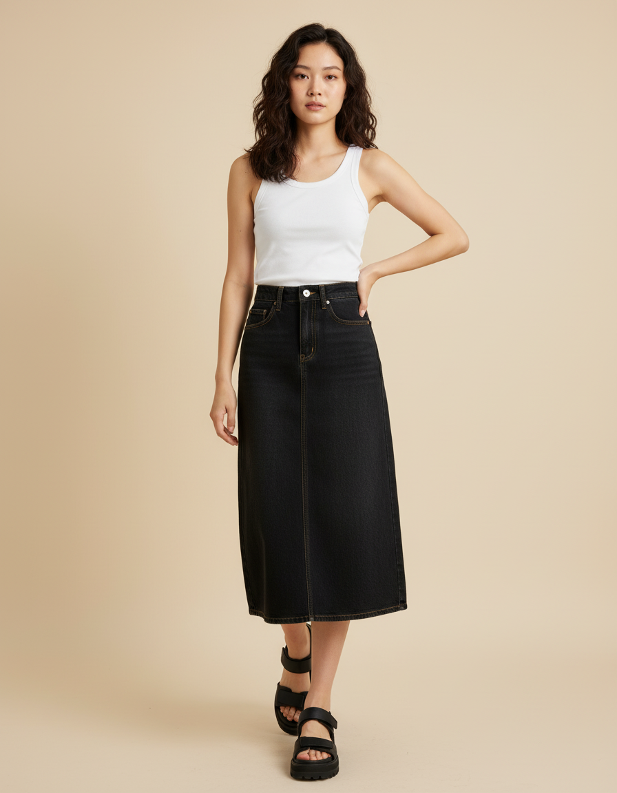 Jupe Jean Noir Taille Haute Chic