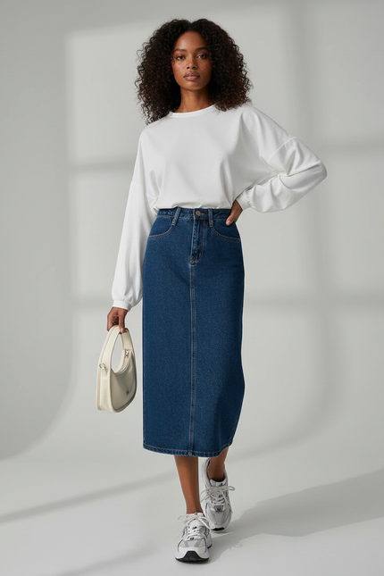 Jupe Jean Midi Taille Haute Chic