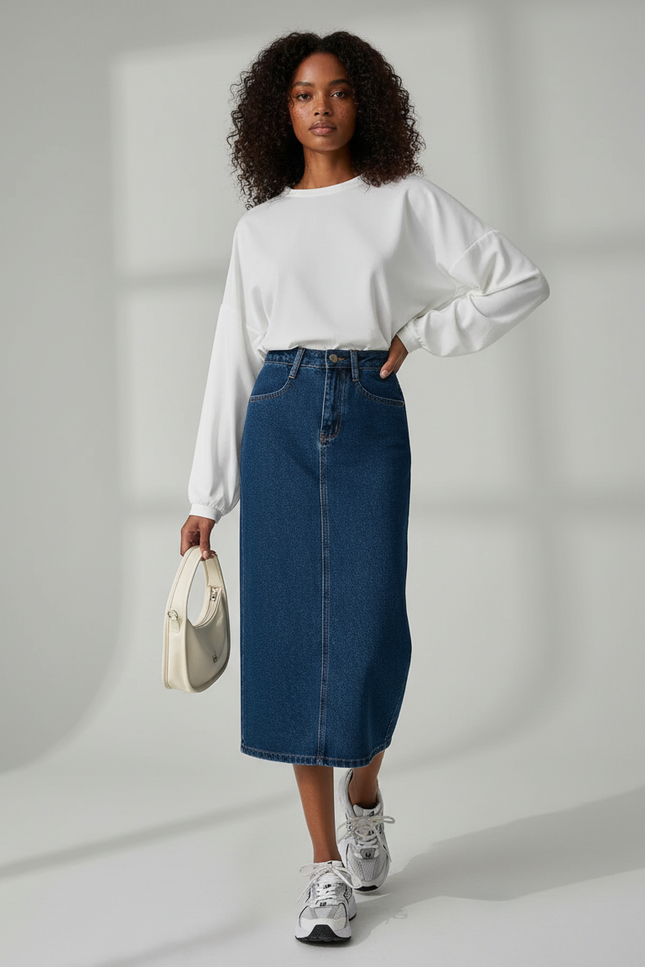 Jupe Jean Midi Taille Haute Chic