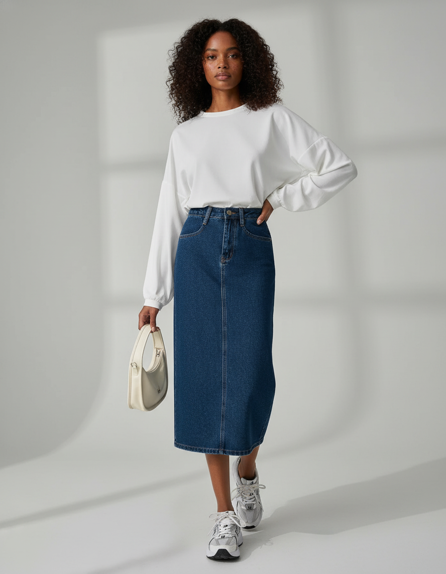 Jupe Jean Midi Taille Haute Chic